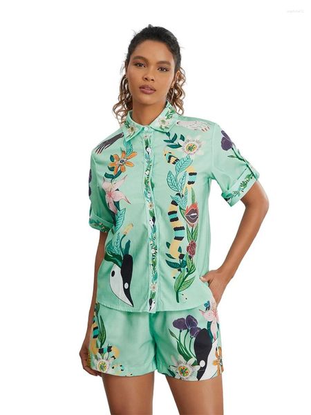 Casa roupas femininas shorts conjunto flor folha impressão manga curta lapela botão camiseta com cordão cintura 2 peças loungewear
