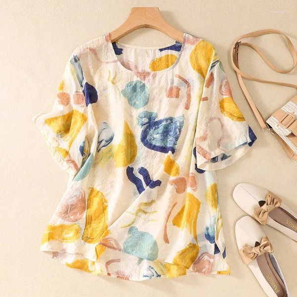 Blusas femininas tingyili vintage blusa floral macio casual solto manga curta verão topo estilo coreano elegante senhoras amarelo pulôver