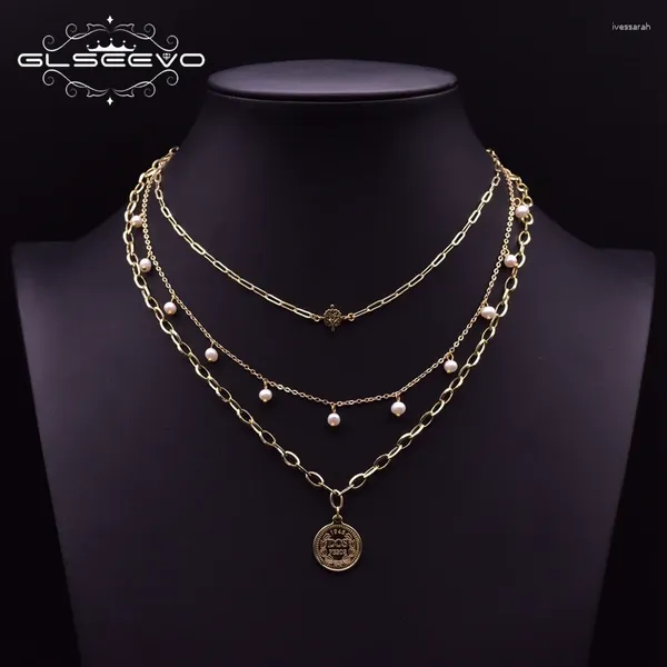 Anhänger Glseevo handgefertigte Multi -Layer -Ketten Boho Halskette für Frauen Engagement Metall -Tag -Anhänger Schmuck Süßwasser Perlen Ketting GN0217