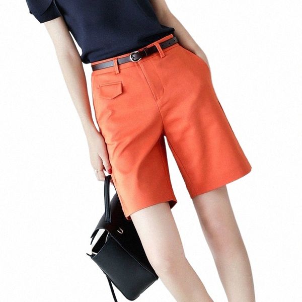 Bermudas para mulheres na altura do joelho elegante cor sólida laranja shorts retos com cinto solto casual shorts de verão feminino 10Yg #