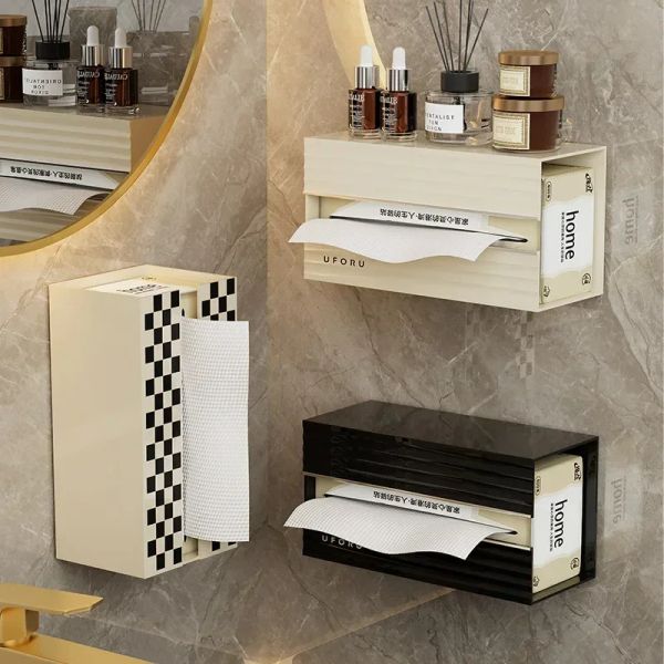 Halter Leichte Luxus Toilettenpapierbox Punchfree Wandmontierte Taschentuchbox Papierhandtuchhalter Spender Rack Küche Serviettenbehälter