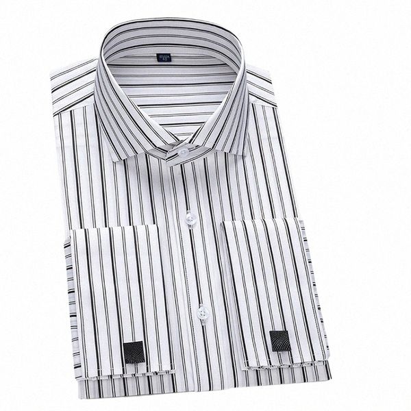 Camicia da uomo a maniche lunghe con polsino francese a righe Dr Camicia con colletto Windsor, camicie da smoking formali da uomo di lusso con gemelli v9Tt #