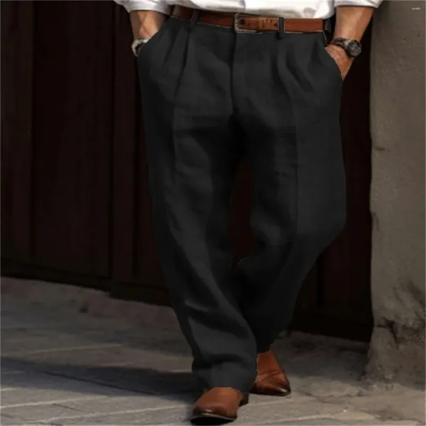 Pantaloni da uomo in lino con doppia piega sul davanti, tubo dritto, tinta unita, pantaloni a gamba aperta con tasche, borsa a tracolla, carino H