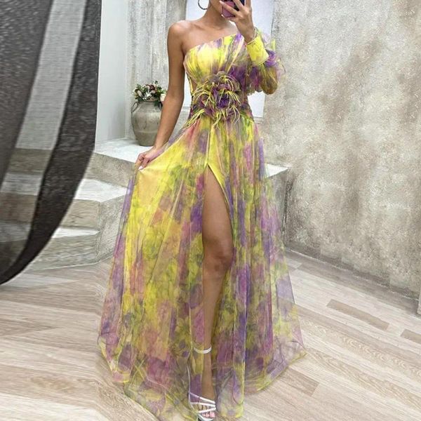 Vestidos casuais sexy a linha vestido de noite elegante um ombro tie-dye bola com malha bolha mangas rosa decoração feminina até o chão