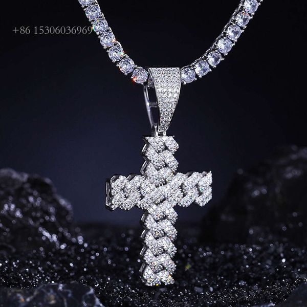 Bling Hiphop Schmuck Geschenk vergoldet Sterling Silber VVS Moissanit Iced Out Kubanisches Kreuz Anhänger Halskette für Männer Frauen