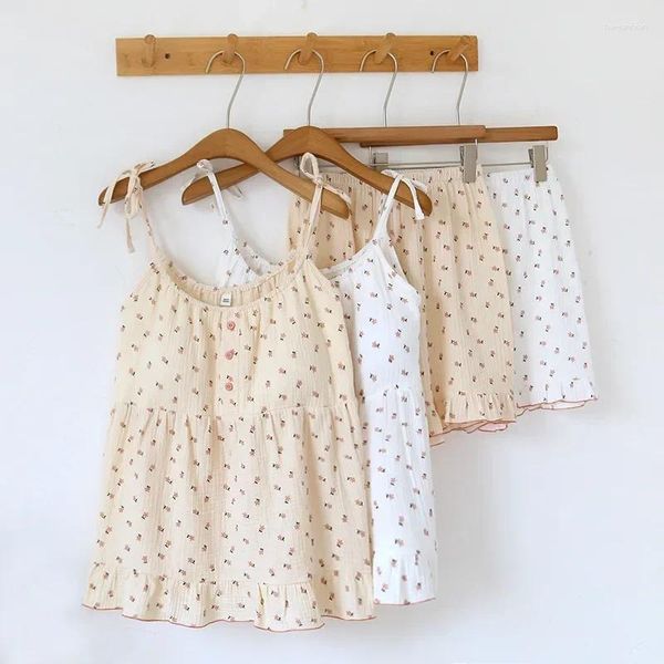 Startseite Kleidung Süße süße Brust gepolsterte Sling-Tanktops mit Shorts 2-teilige Pyjama-Sets für Damen-Sommer-Blumendruck-Baumwollkleidung