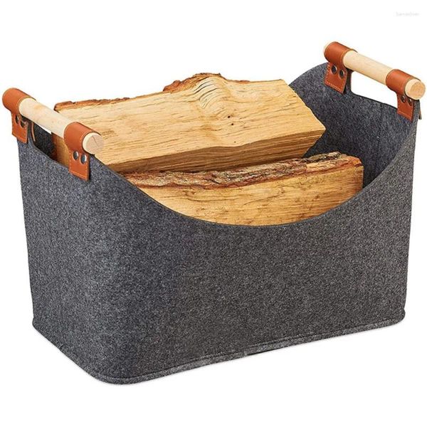 Sacos de armazenamento Cesta de madeira 45 x 32 40 cm preto fácil de limpar fibra de poliéster alças ultramacias reutilizáveis