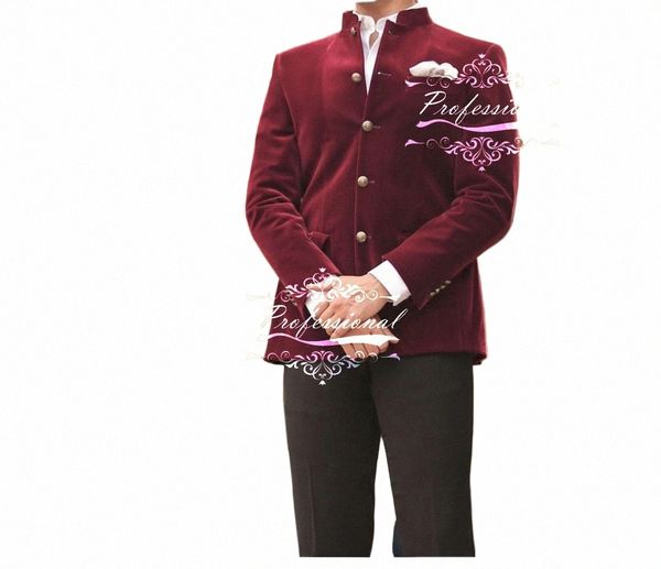 Burdy Full Men Suit Set Stand Collar 5 Butt Veet Jacket Calças Pretas Masculino Slim Fit 2pcs Party Prom Blazer Calças Outfit B5lh #