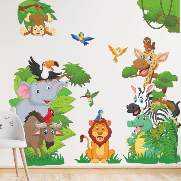 Adesivi re delle foreste Adesivi da parete per bambini per bambini Boys Baby Room Decorartion Giugla Giraffa Elefante Lion Bird Wallpaper Vinyl