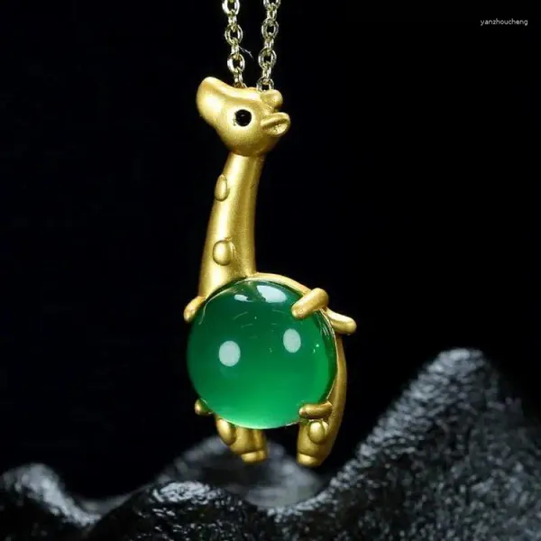 Anhänger 24 Karat Echtgold vergoldet Kupfer grüne Jade Giraffe Anhänger Halskette Frauen echte natürliche Myanmar Jadeit Schmuck Glücksbringer Amulett