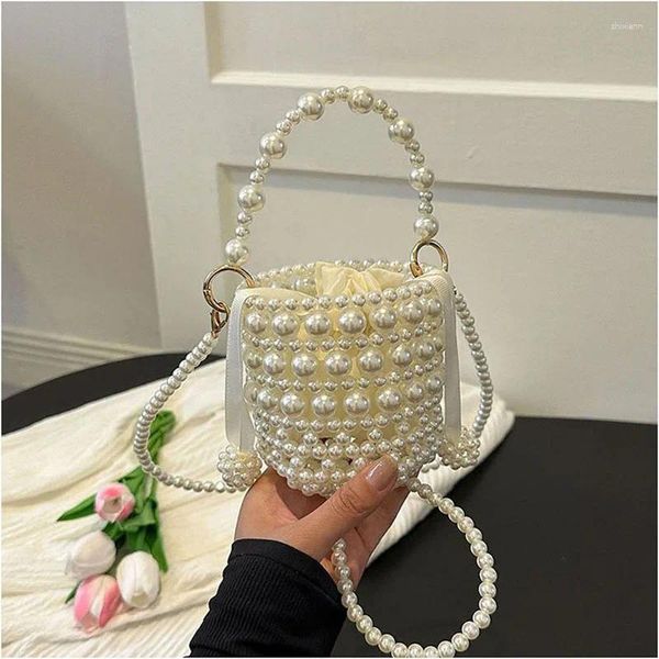 Umhängetaschen Mode Perle Weben Perlen Kleine Handtaschen Für Frauen Kordelzug Eimer Tasche Sommer Prom Party Kupplungen Kette Umhängetaschen Geldbörsen