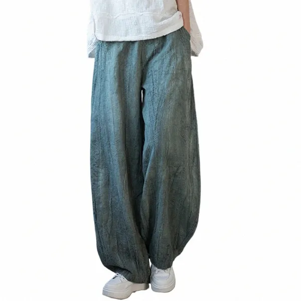 Элегантные женские льняные мешковатые брюки-карго винтажные брюки с эластичной резинкой на талии для йоги Свободные повседневные Lg с широкими штанинами оверсайз одежда w60v #