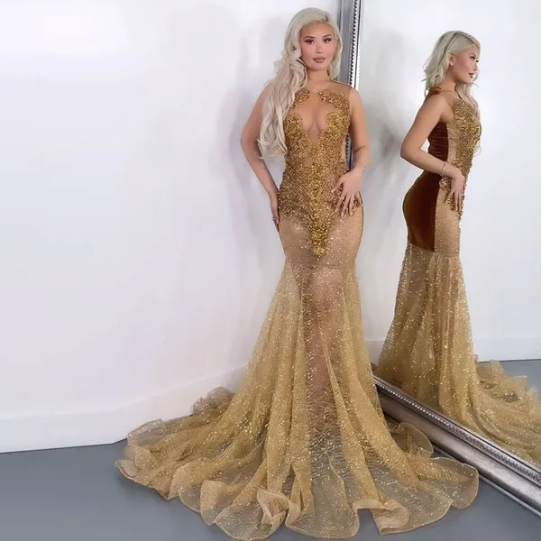 Luxus Gold Prom Kleider Für Frauen Sheer Perlen Kristall Meerjungfrau Party Kleider Vestidos De Gala Schwarz Mädchen Abend Outfit