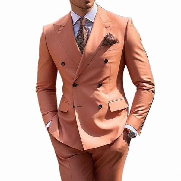 Светло-оранжевые мужские свадебные костюмы, сплошной цвет, комплект из 2 предметов на каждый день, большие размеры, двубортный деловой костюм с шестью задницами B3r0 #