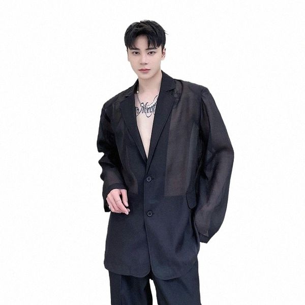 Männer Organza Dünn Durchsichtig Lose Lässig Japan Harajuku Streetwear Vintage Weiß Schwarz Anzug Blazer Jacke Sun Protecti Mantel 78Z4 #