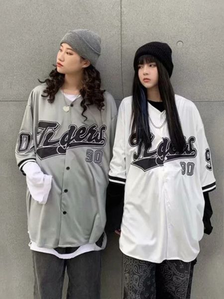 Adagirl Beyzbol Büyük Boy Bluz Kadın Sokak Giyim Hip Hop Kısa Yarım Kollu Gömlek Kız Vintage Baskılı Kore tarzı Femme Tops 240328
