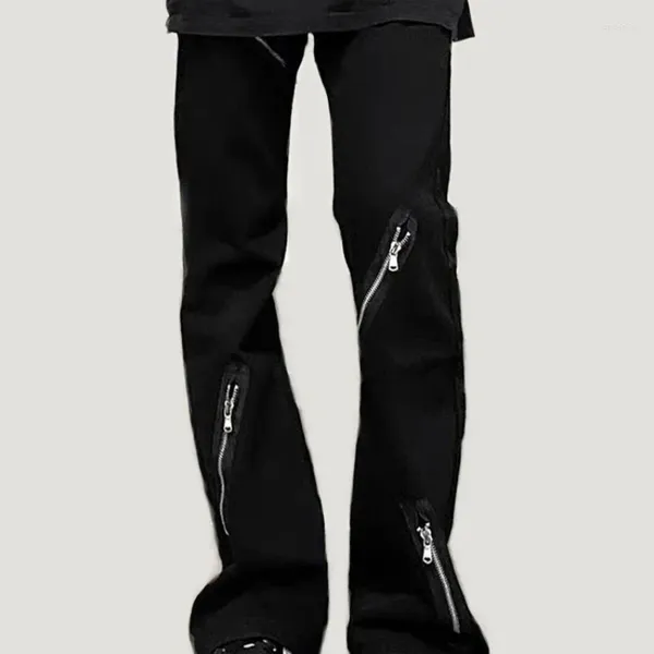Calças masculinas estilo americano escuro funcional multi-zip jeans homens mulheres high street causal solto lavado bootcut calças masculinas roupas