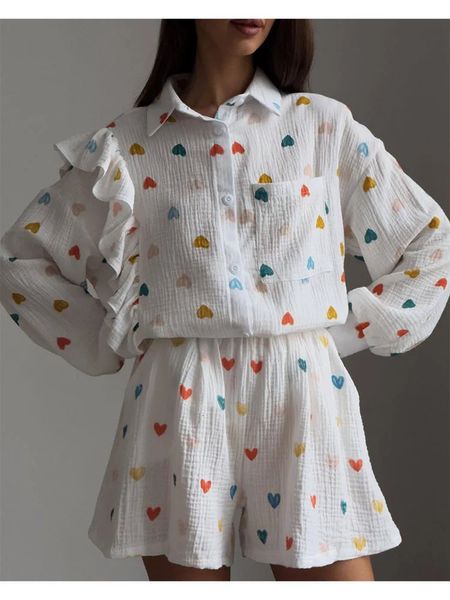 Хлопковая льняная рубашка с рюшами, шорты, комплект из двух предметов для женщин, летняя домашняя блузка на пуговицах с длинными рукавами и сердечками, короткие наряды 240328