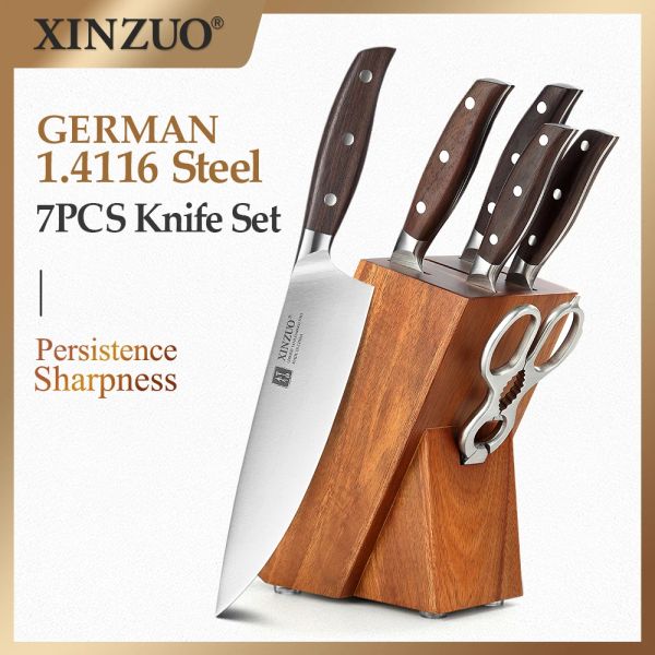 Caligrafia xinzuo 7pcs Faca de cozinha Conjunto de faca alemã forjada 1.4116 Aço inoxidável Chef Sharp Santoku Paring Cleaver Kitchen Scissors Ferramentas