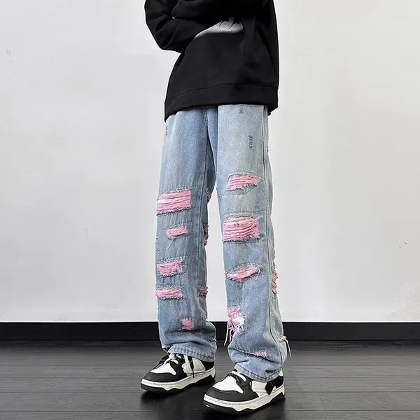 Calças masculinas americanas rasgadas jeans homens high street hip-hop casual solto meados de cintura perna reta comprimento total versátil moda denim masculino