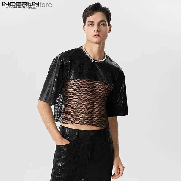 T-shirt da uomo T-shirt da uomo Mesh Patchwork Sexy trasparente allentato O-Collo manica corta Crop Tops Streetwear 2023 Fashion Camisetas S-5XL24328