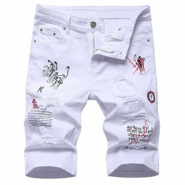Letras masculinas Impresso Bordado Denim Shorts Verão Buracos Rasgado Jeans Slim Stretch Calças Preto Branco E4vz #