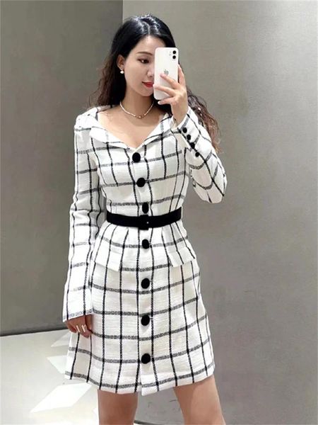 Casual Kleider Frauen Drehen-unten Kragen Robe Plaid Tweed Mode Einreiher Frühling Sommer 2024 Langarm Weibliche Mini Kleid mit Schärpen