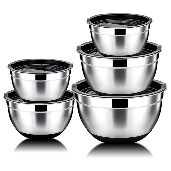 Produkte 5-teiliges Salatschüssel-Rührschüssel-Set aus Edelstahl mit Deckel, rutschfeste Schüsseln für die Küche, Kochen, Kuchen, Brot, Backutensilien, Geschirr