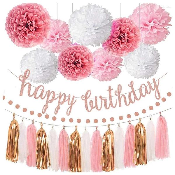 Decorazione per feste Banner di compleanno in oro rosa rosa Set di frange Carta velina Pom Cerchio Punti Ghirlanda e nappa per