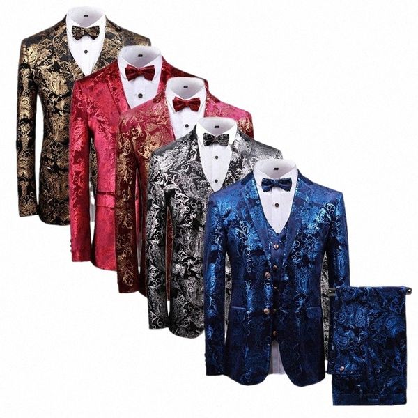 High-End-Männer Gold Veet Anzug 3-teiliges Set Silber / Blau / Rot FI Herren Bräutigam Hochzeit Blazer und Hose mit Weste R7Yl #