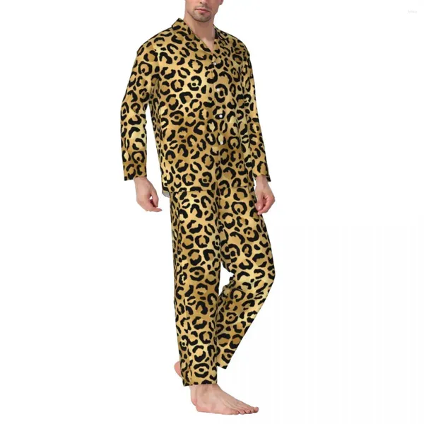 Домашняя одежда Мужские пижамы черного золота с леопардовым принтом Повседневная одежда для сна Гепард Животное из двух частей Повседневный пижамный комплект с длинными рукавами Мягкий костюм большого размера