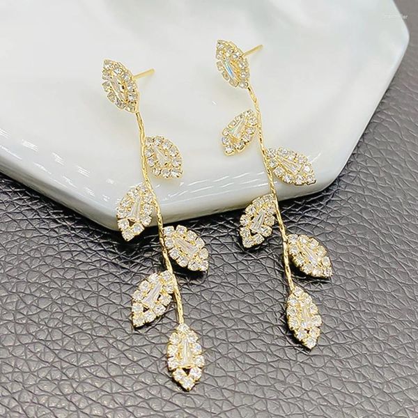 Brincos de luxo strass cristal folhas borla brinco para mulheres 14k real banhado a ouro tendência nupcial pendurado jóias de casamento