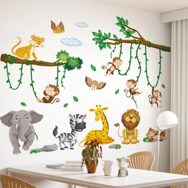 Adesivi Cartoon Zoo Scimmie Adesivi murali Camera dei bambini Elefante Giraffa Camera dei bambini Decorazioni per la cameretta dei bambini Adesivo da parete Poster murale della scuola materna