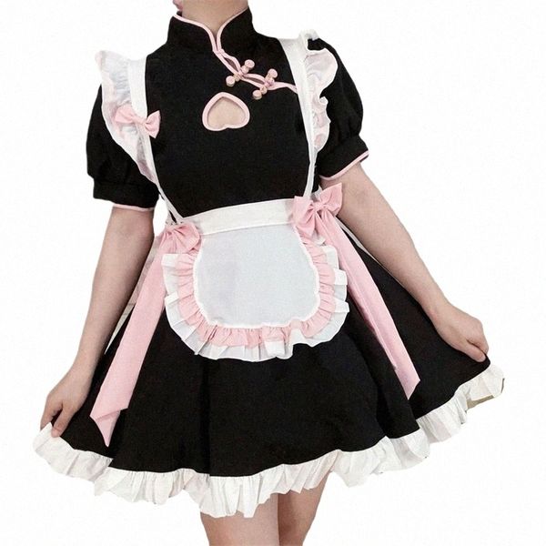 Kawaii Girl Black Sexy Hollow Chinese Maid Dr Chegsam Maid Uniform Set Costume Stage Party Cosplay Coelho Saia Lolita k6bY #