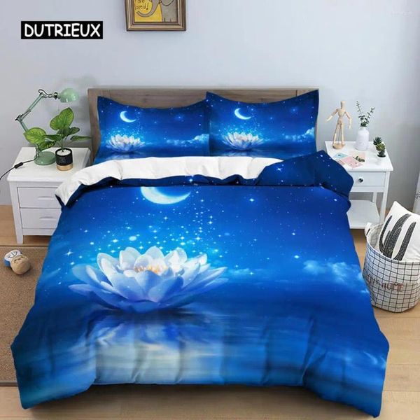 Bettwäsche -Sets Galaxy Lotus Kinggröße Full Twin Duvet Cover Blue Flower Moon Set für Teenager Erwachsene Bohemian Blumen 2/3pcs Quilt