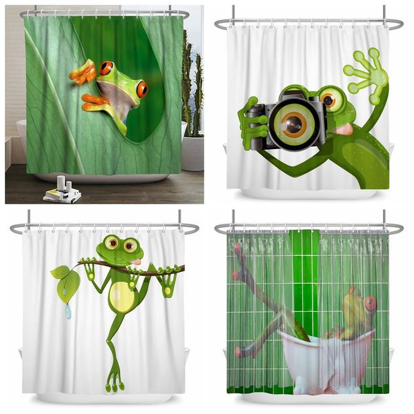 Divertente rana cartone animato tenda da doccia set foglia animale creativo bambini bagno arredamento tessuto impermeabile casa ganci tende da bagno 240328