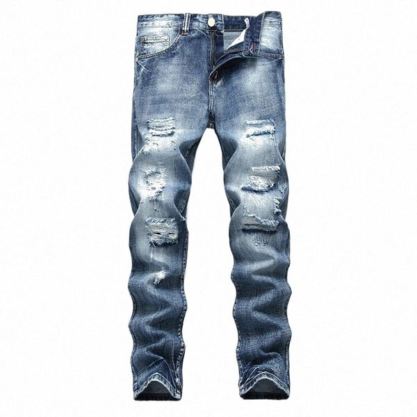 fi Jeans Homens Reta Cor Azul Escuro Impresso Mens Jeans Rasgado Cott Jeans Destruir Joelho Buraco Masculino 36lB #