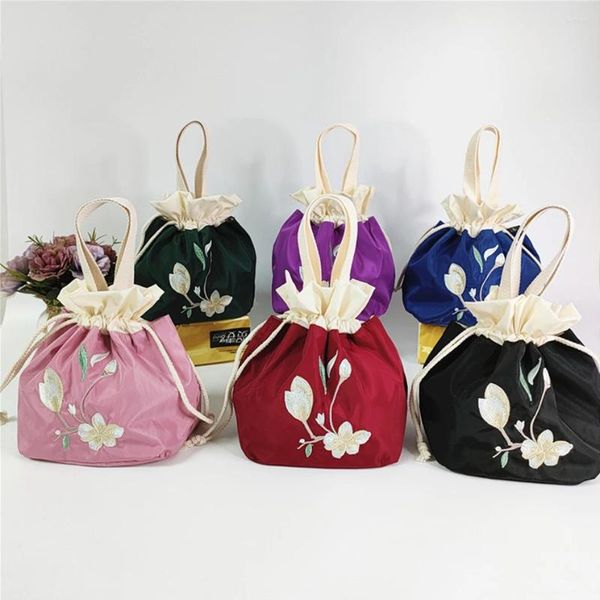 Einkaufstaschen, bestickt, mit Kordelzug, für Damen, Vintage-Stil, Ethno-Stil, Blumen-Handtasche, Seide, Eimer, Telefon, chinesisches Hanfu