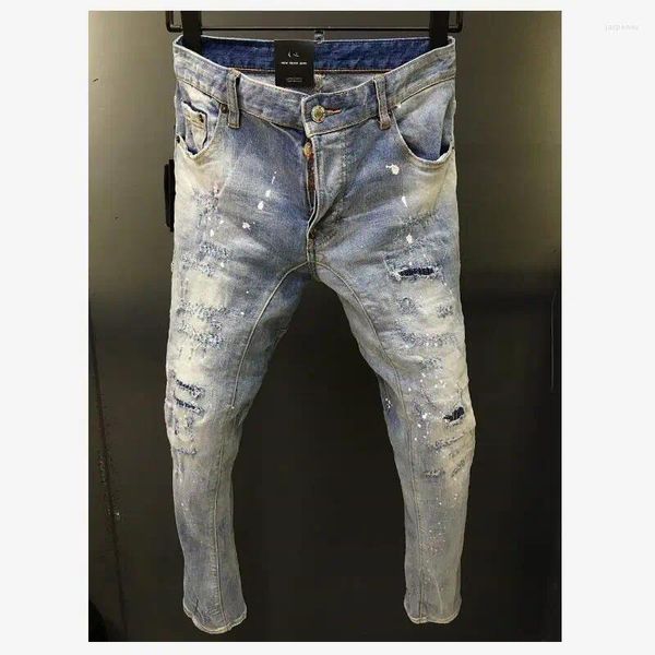 Jeans da uomo moda casual foro verniciato a spruzzo pantaloni in tessuto denim alla moda High Street A212