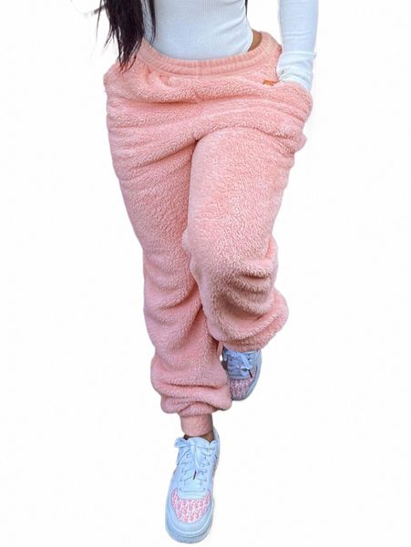 lw Plus Size Metà di vita Pocket Design Teddy Pants 2023 Donna Autunno Inverno Casual Fondo in tinta unita Pantaloni dolci 90qb #