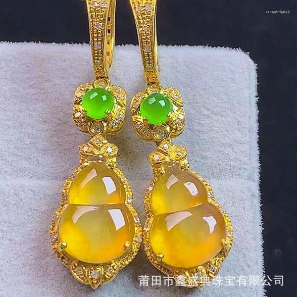 Brincos pendurados atacado Myanmar Natural A-Level 18K High Yellow Gourd Eardrops Jade Jóias com certificado