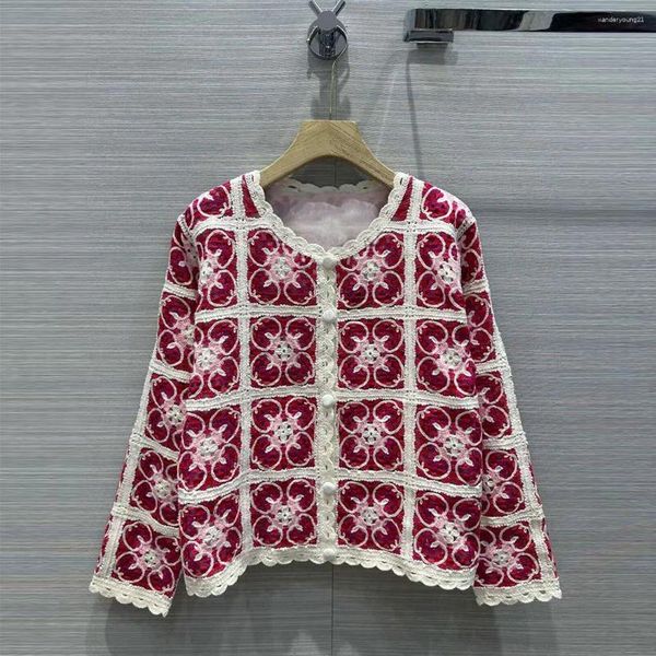 Damenstrick 2024 Frühlingsmode Vintage Totem Stickerei Haken Blumenmuster Strickjacke Frauen O-Ausschnitt Einreiher Kontrastpullover