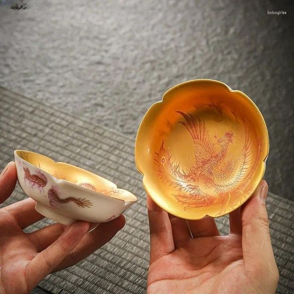 Copos Pires Dragão Chinês e Phoenix Dourado Ouro Jianzhan Ovelha Gorda Jade Porcelana Master Cup Pétala Tigela de Chá Coleção de Presentes de Luxo