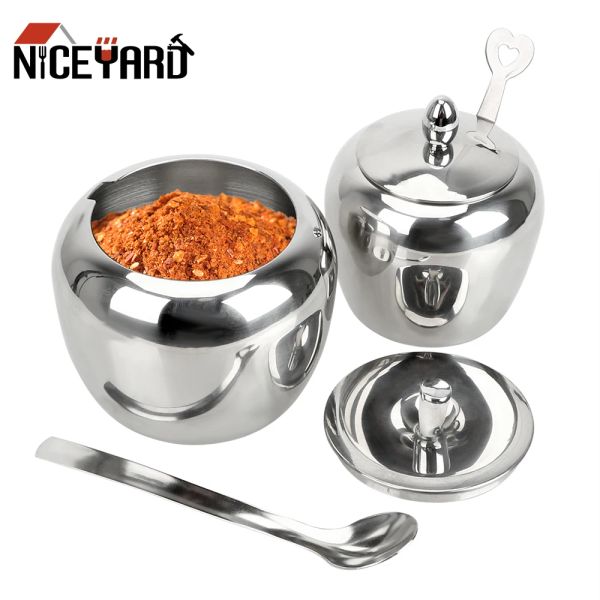 Moldura Niceyard Pote de condimentos Frasco de tempero com tampa e colher Apple Sugar Bowl Talheres Recipiente de especiarias em aço inoxidável