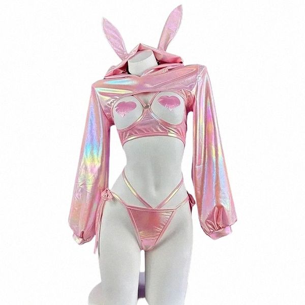 Anime coelho menina cosplay traje feminino sexy laser couro bodysuit terno bonito coelho empregada uniforme lingerie sexy roupas halen a6to #