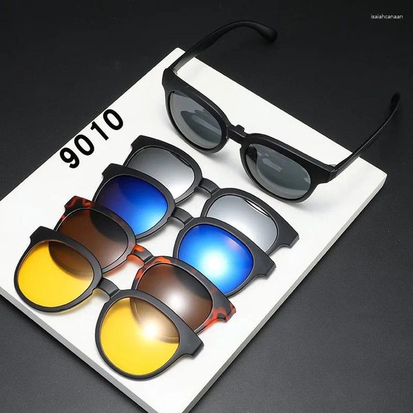 Armações de óculos de sol 6 em 1, armação de óculos para homens e mulheres com 5 peças de clipe em óculos magnéticos polarizados, computador óptico 9010