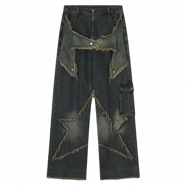 Vintage Bol Kot Patchwork gevşek düz denim pantolon 2023 yeni erkekler hip hop sokak kıyafeti kot p6im#