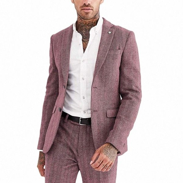 Ternos formais de lã rosa tweed masculinos, ternos herringbe para inverno, casamento, noivo, smoking, jaqueta de 3 peças, colete com calças, novo 2020 64yl #