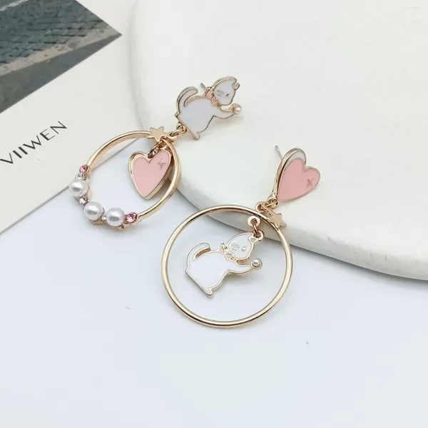 Ohrstecker Koreanische Ohrringe Modeschmuck Niedliche Cartoon-Kätzchen Asymmetrisches Herz Für Frauen Pendientes