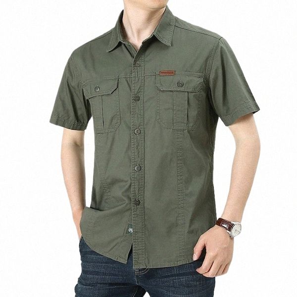 2024 Sommer Green Cargo Shirts für Männer Kurzarm Casual Bluse Kampf Taktische Hemd Multi-Pocket Outfits Oversize 5XL f9RS #